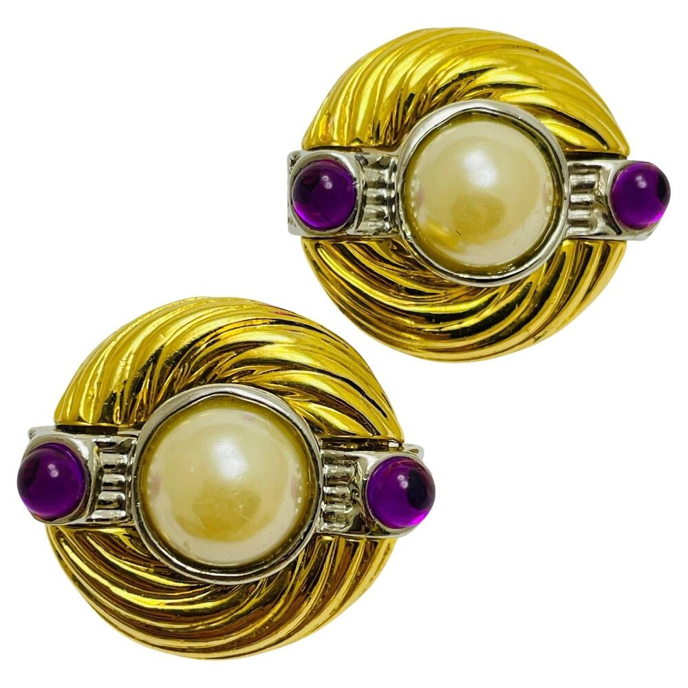Vintage gold silver tone faux pearl purple cabs designer clip on earrings
